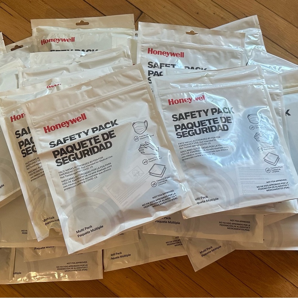 36 Honeywell safety packs, each pack has 3 masks, 3 large gloves and 5 wipes.